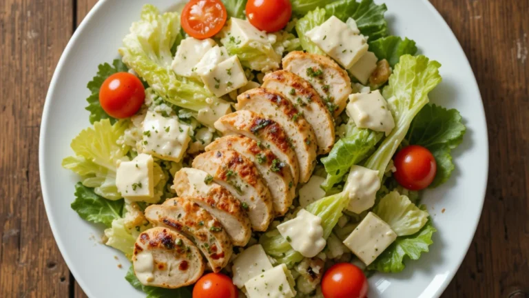 A top-down view of Grilled Chicken Caesar Salad with romaine, chicken, parmesan, and dressing on a white plate.