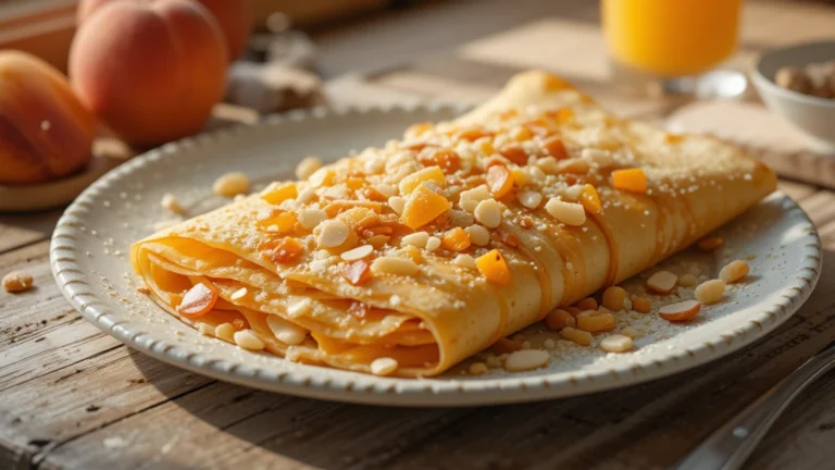 A styled plate of peach crepes topped with candied almonds on a rustic brunch table