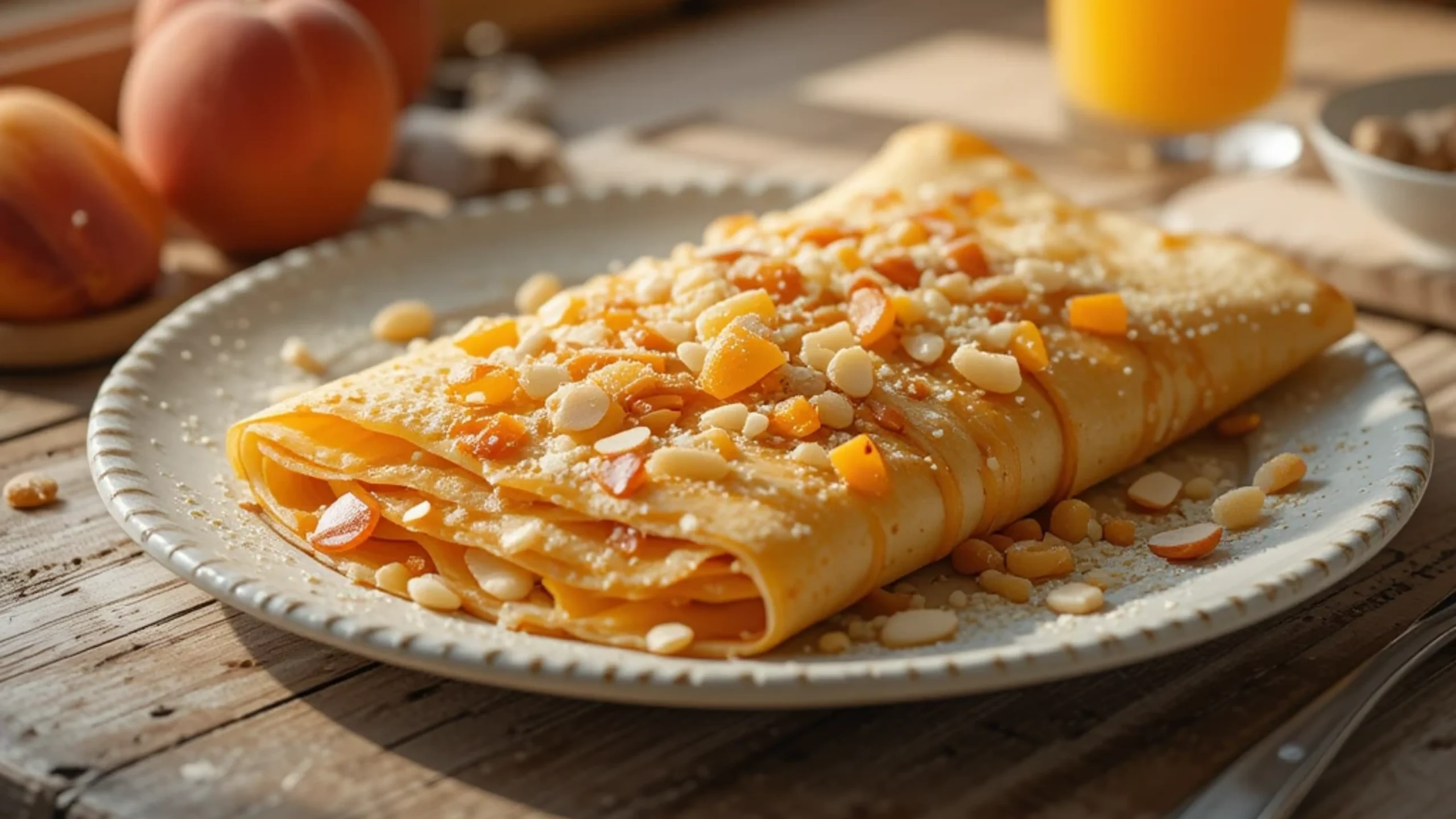 A styled plate of peach crepes topped with candied almonds on a rustic brunch table