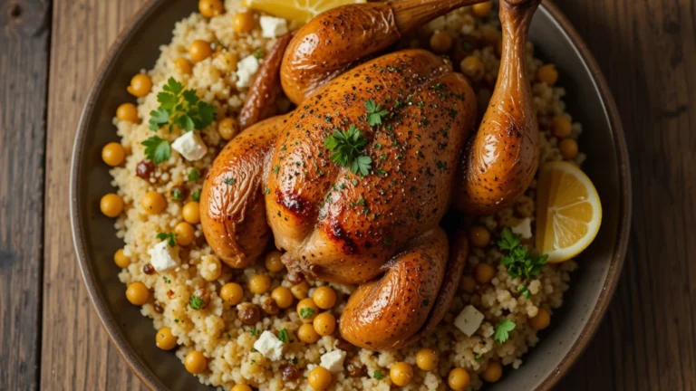"A delicious spiced roast chicken with chickpeas and couscous styled on a rustic table"