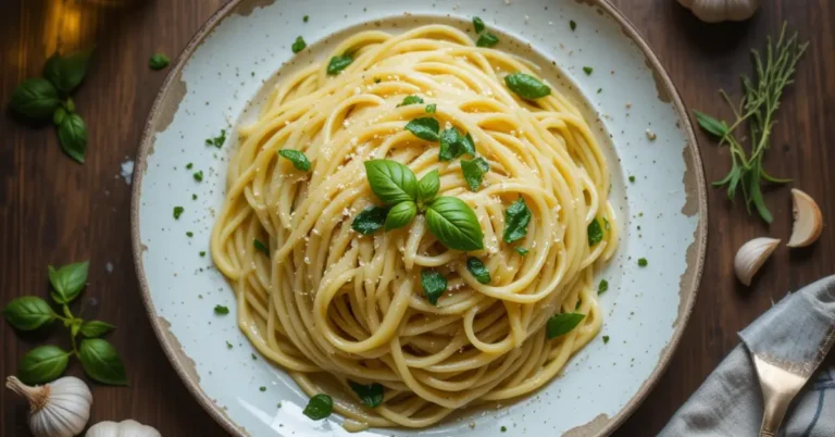 Rustic Italian table with fettuccine aglio e olio, olive oil, garlic, and basil