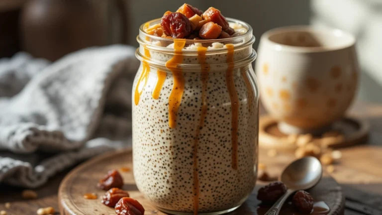 A rustic breakfast scene featuring a jar of sticky toffee chia pudding topped with caramel and dates.