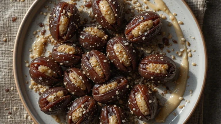 Flat-lay image of Salted Tahini-Stuffed Dates served on a ceramic plate with sesame seeds and tahini drizzle.