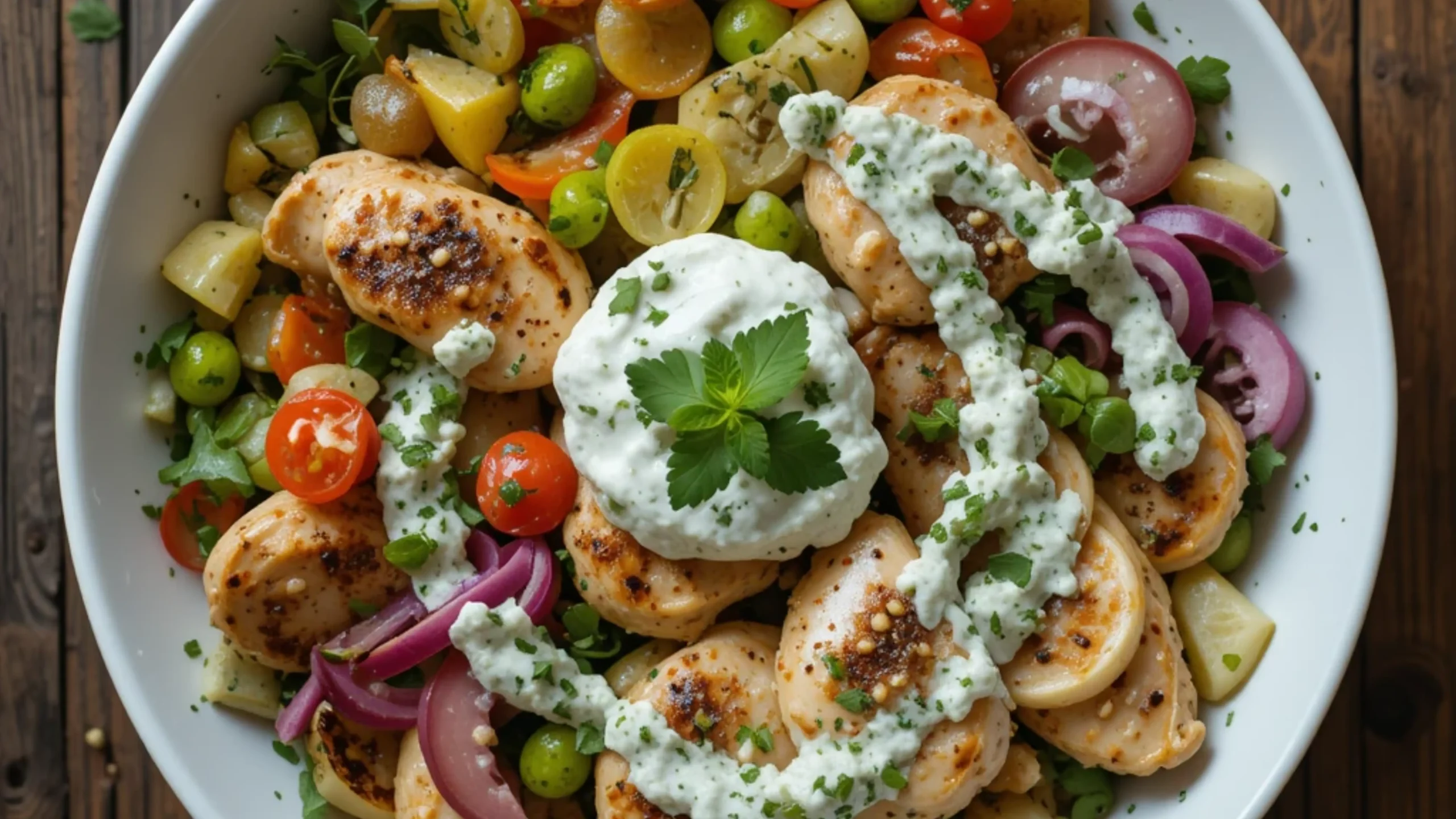 Overhead shot of a Mediterranean Chicken Tzatziki Bowl with vibrant veggies and creamy sauce on a rustic table