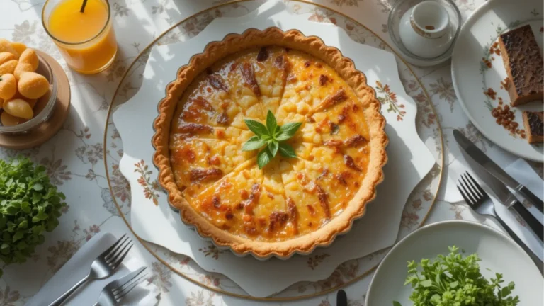 Overhead view of a brunch table featuring a ham and cheese quiche as the centerpiece.