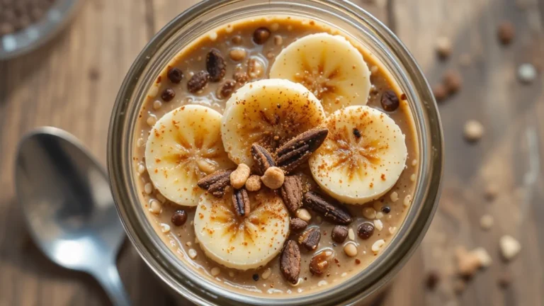 A top-down view of espresso overnight oats in a glass jar with banana and cinnamon on a rustic breakfast table.