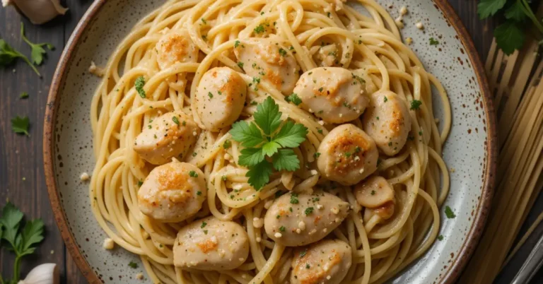 Overhead shot of garlic-butter chicken spaghetti with ingredients on a rustic table