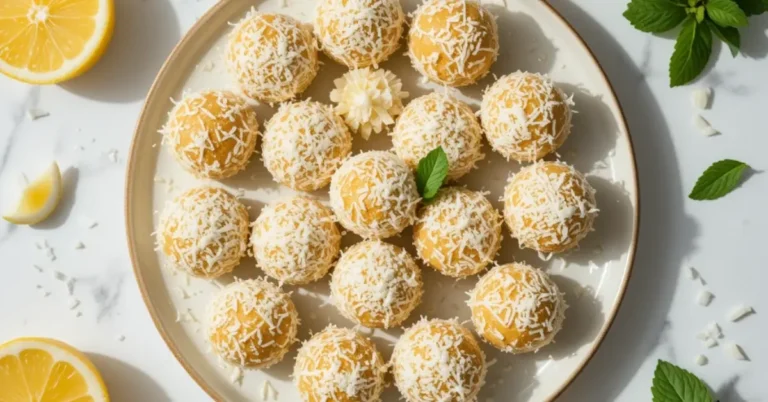 Top view of Lemon Coconut Energy Balls on a plate with lemon and coconut decorations