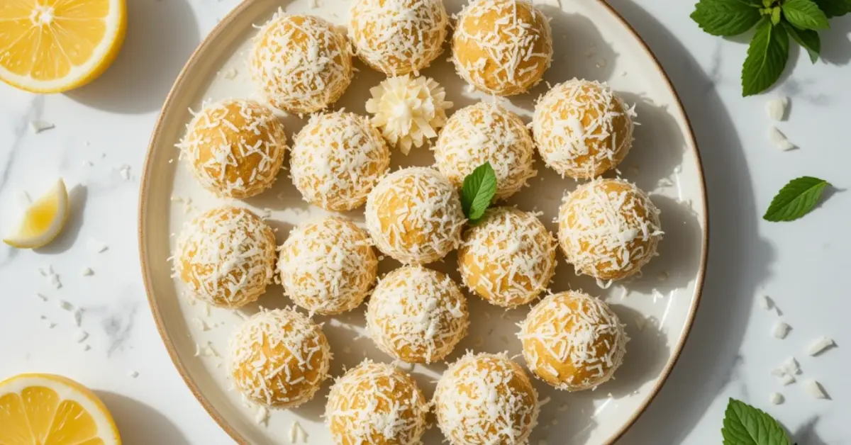 Top view of Lemon Coconut Energy Balls on a plate with lemon and coconut decorations