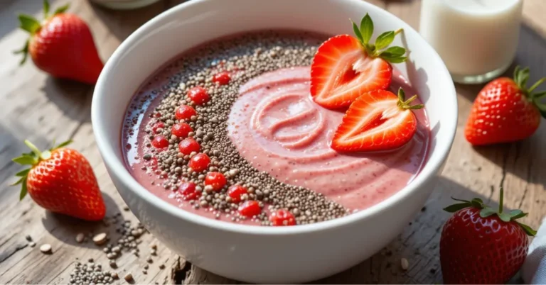 A bowl of strawberry chia pudding surrounded by strawberries and almond milk on a rustic table.