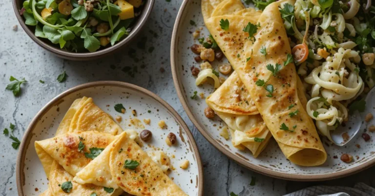 Savory crepes with Toscano cheese served with a fresh endive salad on a rustic brunch table.