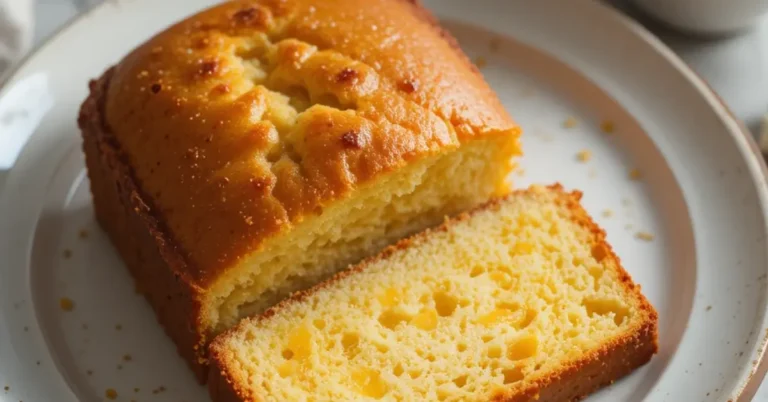 Golden keto egg loaf slice served with coffee and breakfast ingredients