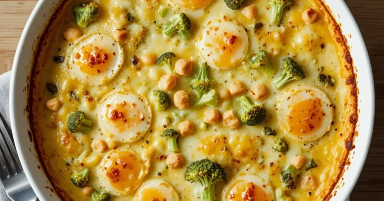 Freshly baked broccoli cheese egg bake in a white dish, served for breakfast