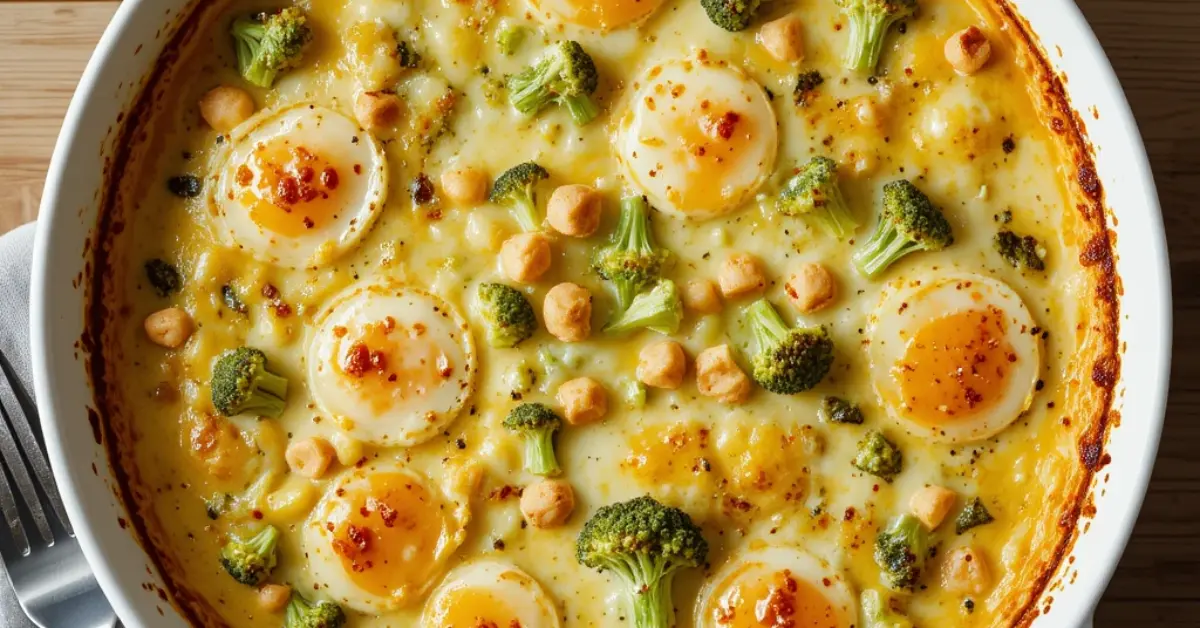 Freshly baked broccoli cheese egg bake in a white dish, served for breakfast