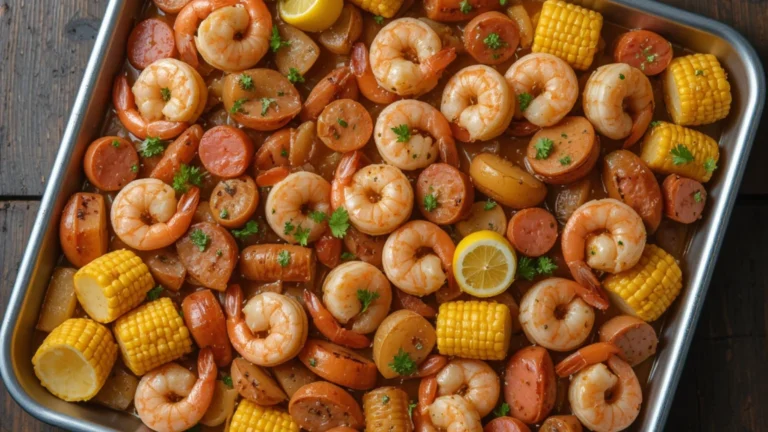 Top view of sheet pan shrimp boil with shrimp, corn, sausage, and potatoes on a wooden table