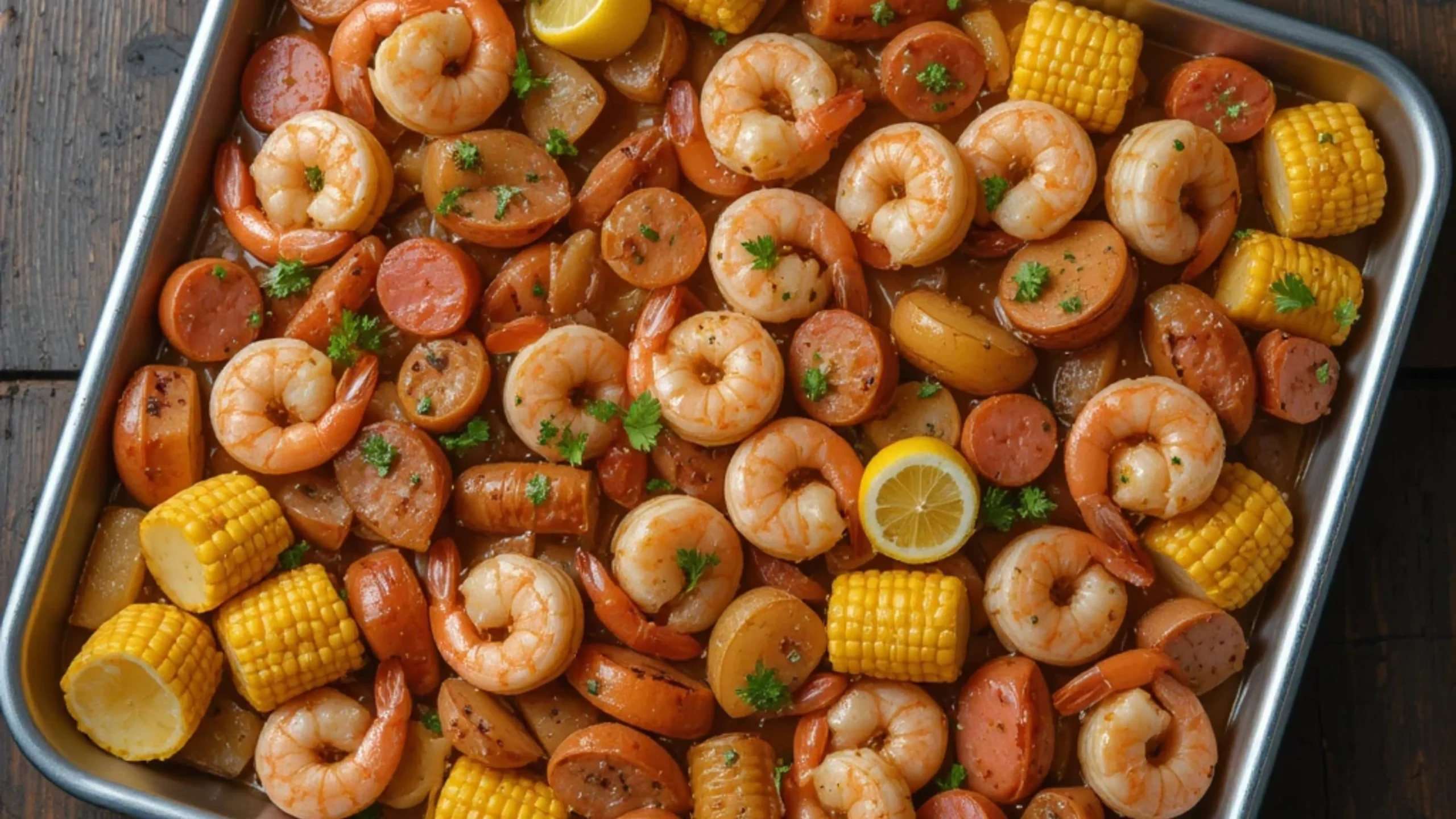 Top view of sheet pan shrimp boil with shrimp, corn, sausage, and potatoes on a wooden table