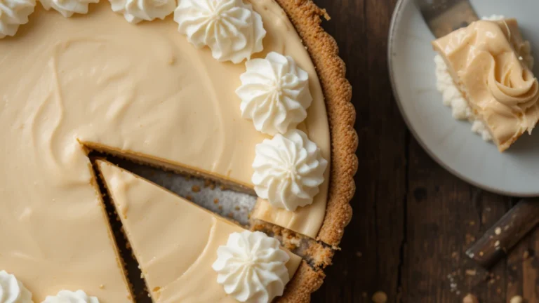 A delicious creamy peanut butter pie with a graham cracker crust served on a wooden table