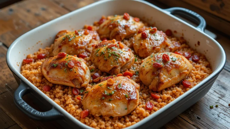 Overhead shot of Chicken and Rice Bake with golden chicken and sun-dried tomato glaze