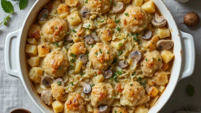 A rustic casserole dish filled with creamy chicken, cabbage, and mushroom bake, styled with raw ingredients around it.