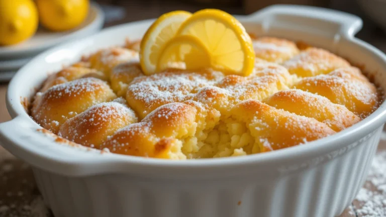 Golden lemon dump cake freshly baked in a white dish with lemon slices on the side