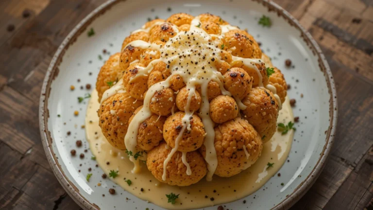 Whole roasted cauliflower with cheese and pepper sauce on a rustic table