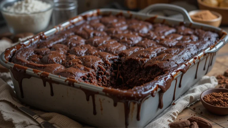 A warm, gooey chocolate dump cake freshly baked in a rustic kitchen setting with melted chocolate on top.