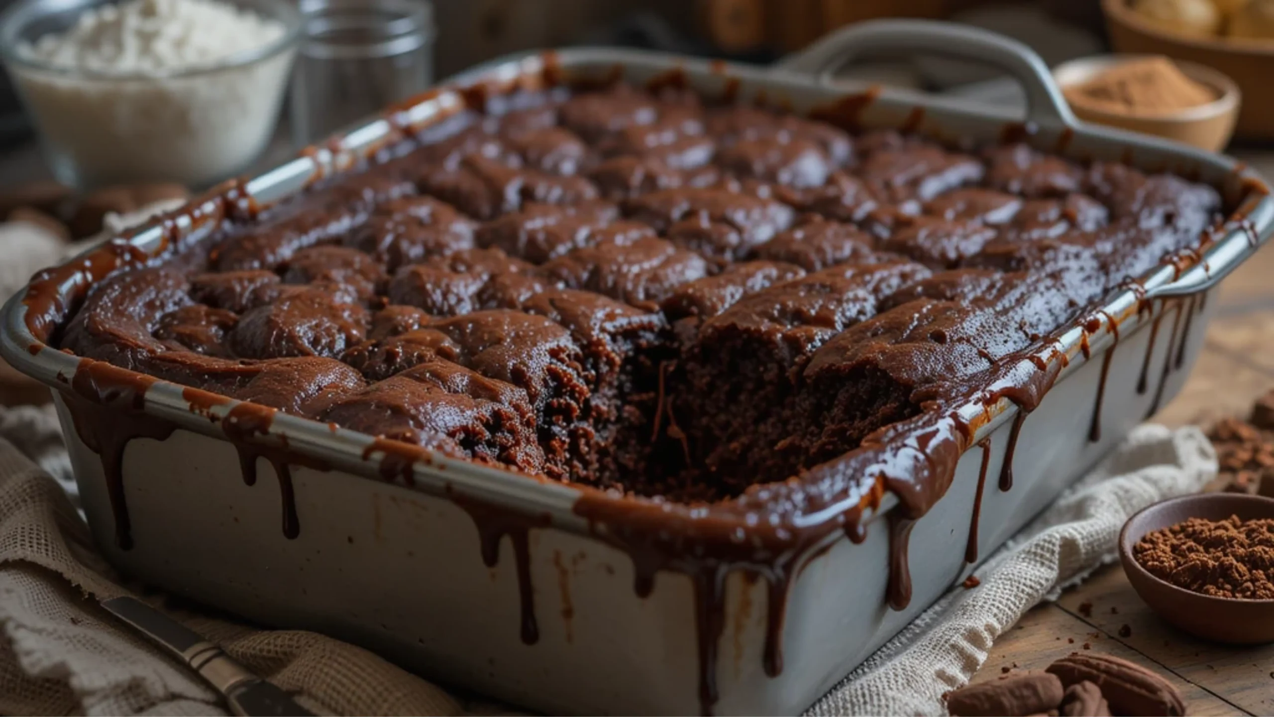 A warm, gooey chocolate dump cake freshly baked in a rustic kitchen setting with melted chocolate on top.