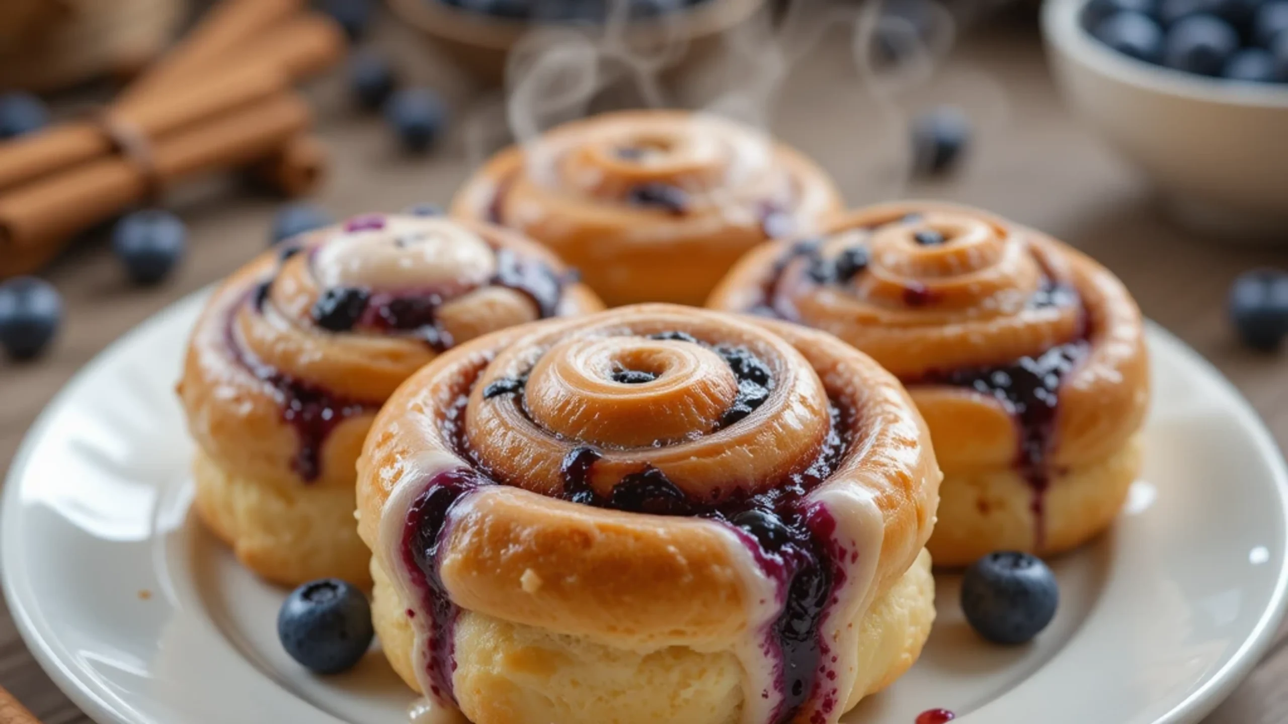 Freshly baked blueberry cinnamon rolls served warm with steam rising