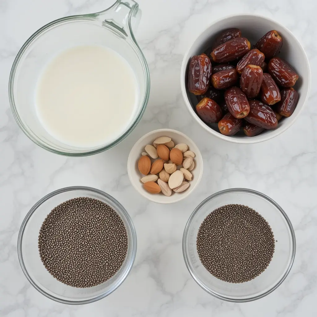 Flat lay of ingredients like dates, almond milk, and chia seeds on a modern kitchen counter.
