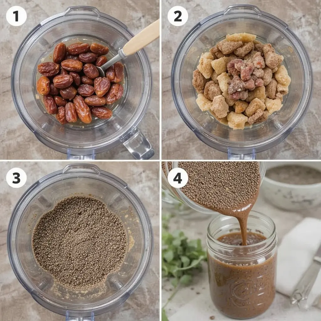 Four-step collage showing the process of making sticky toffee chia pudding without text.