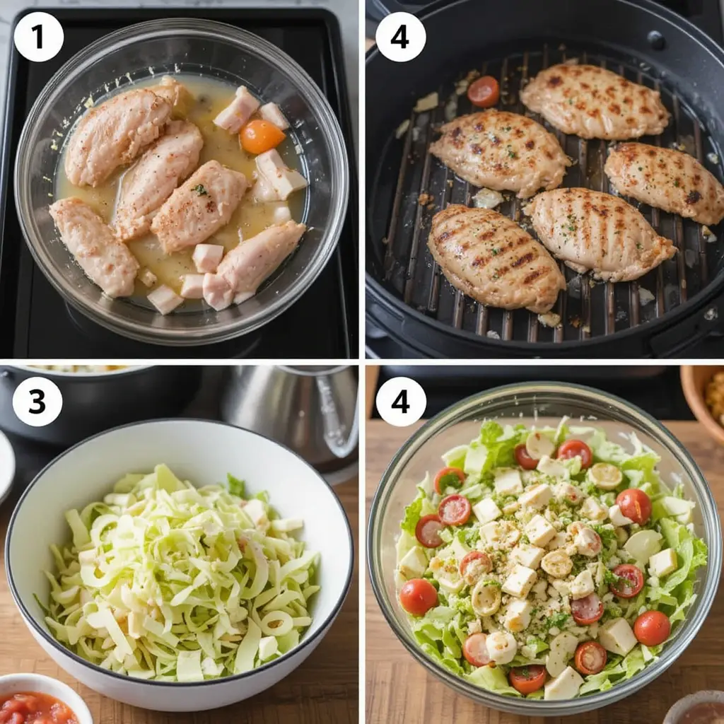 A collage showing step-by-step process of making Grilled Chicken Caesar Salad from start to finish.