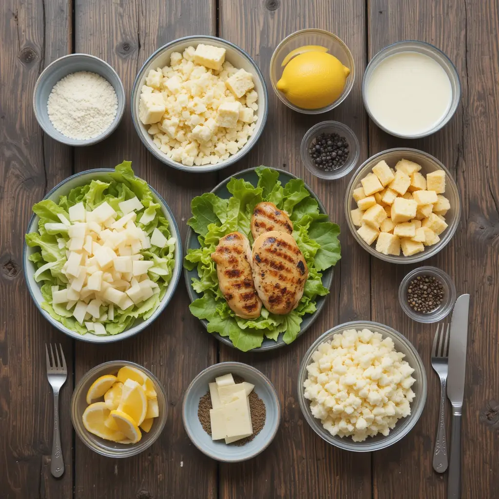 A bowl of grilled chicken Caesar salad with fitness gear symbolizing a healthy keto meal.