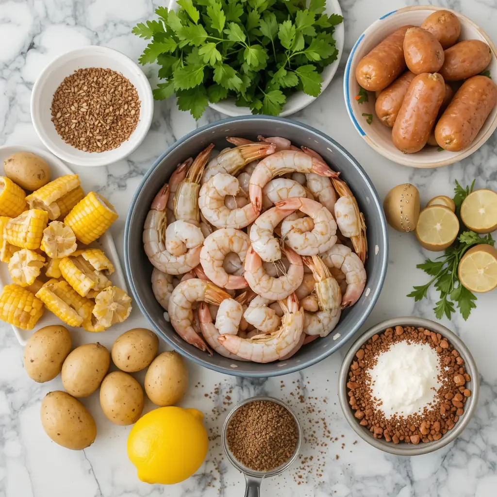 Ingredients for a sheet pan shrimp boil including shrimp, sausage, corn, and spices on a kitchen counter 