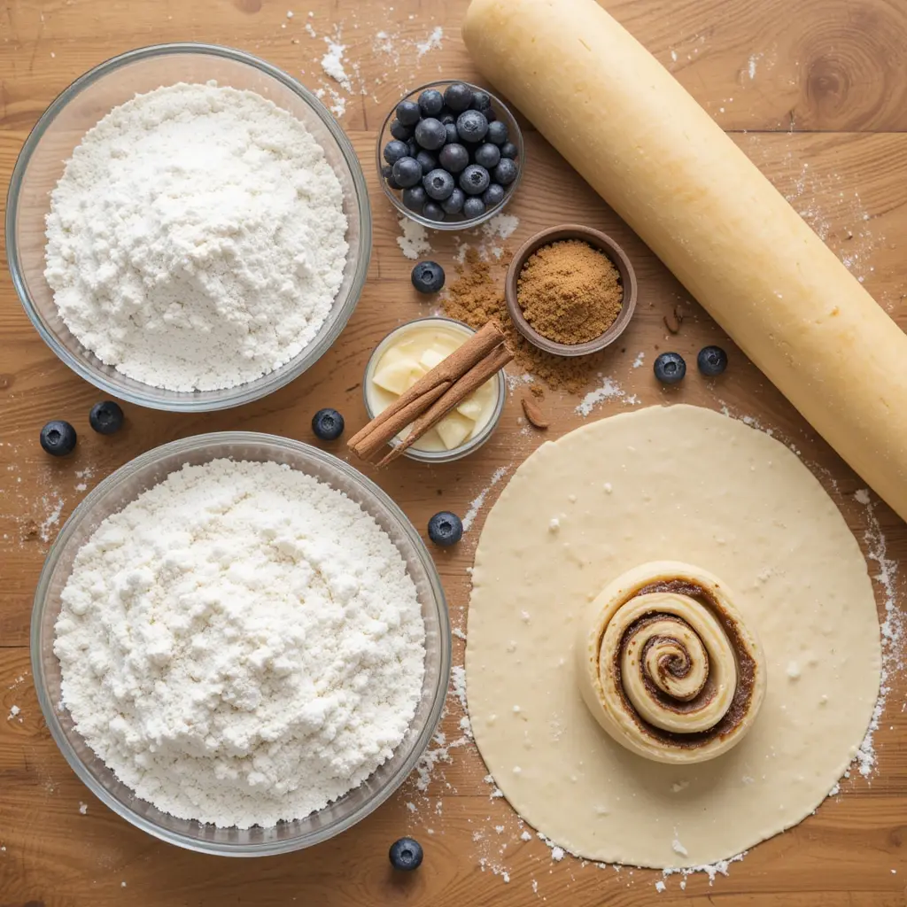 Ingredients and dough process for blueberry cinnamon rolls on wooden countertop