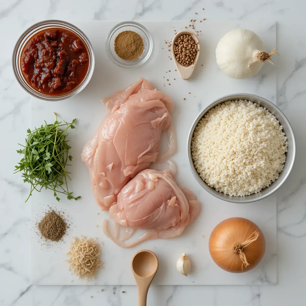 Ingredients for Chicken and Rice Bake including sun-dried tomato paste, chicken, rice, and spices