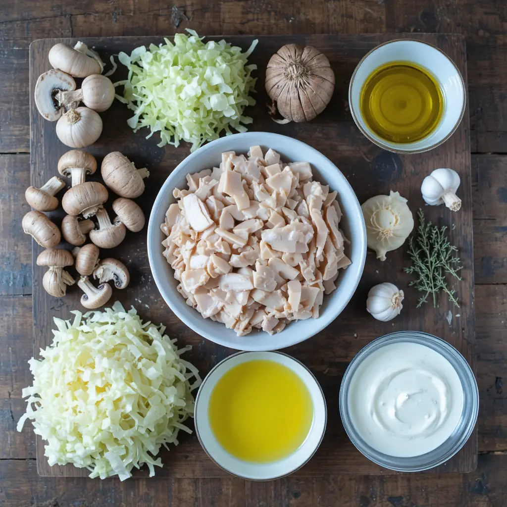 Raw ingredients like chicken, mushrooms, and cabbage displayed for preparing a creamy casserole. 