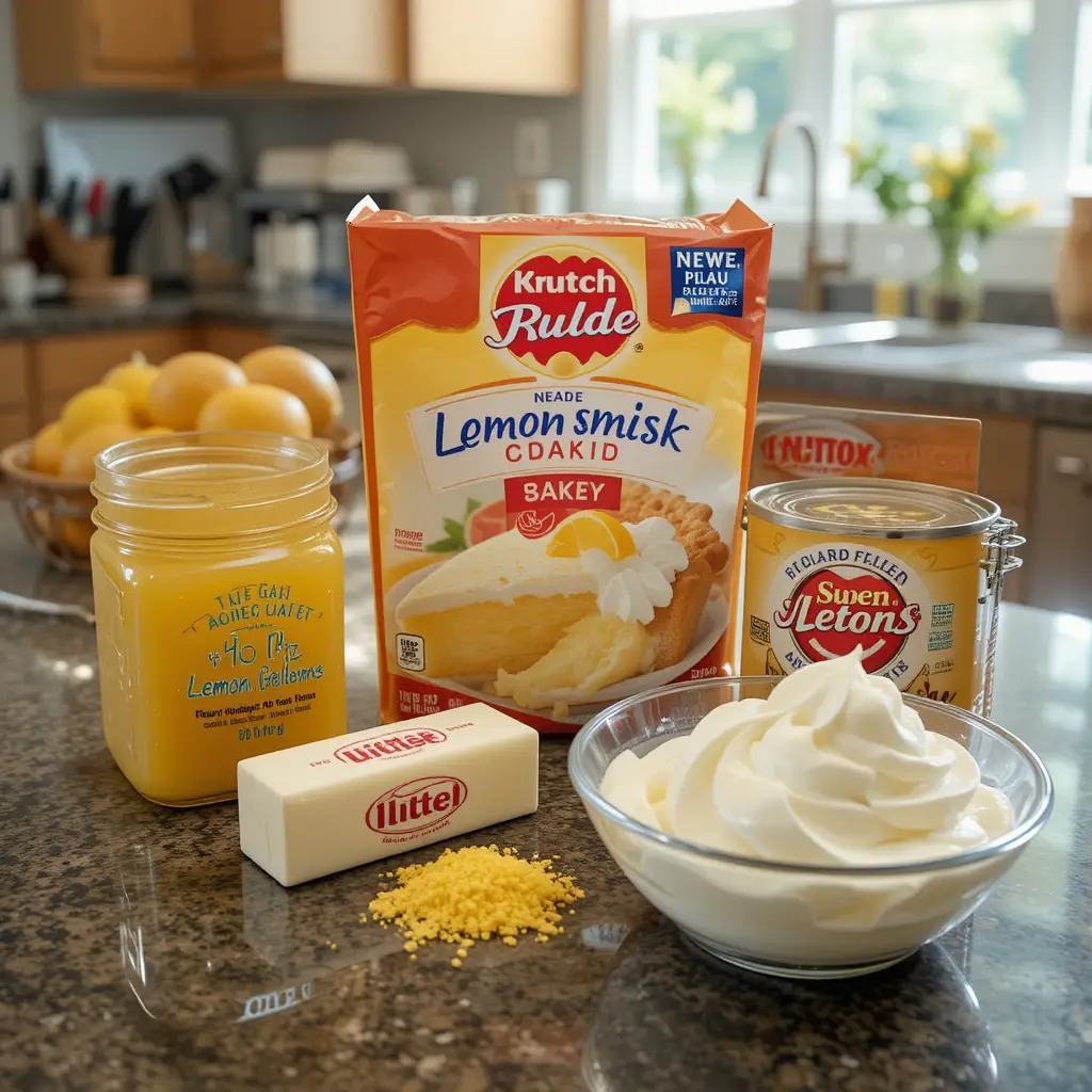 All five ingredients laid out on a counter for making lemon dump cake  