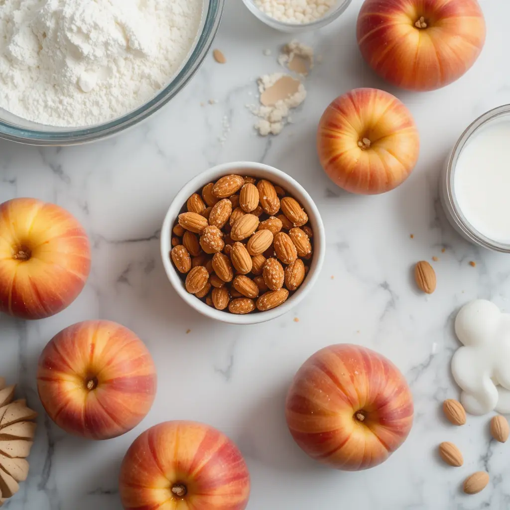 Fresh peaches, candied almonds, flour, eggs, and milk displayed on a countertop