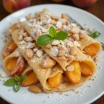 Peach Crepes with Candied Almonds – Delicate crepes filled with peaches and candied almonds