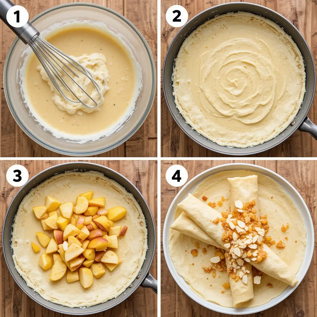 Collage of steps including batter prep, cooking crepes, preparing filling, and final assembly
