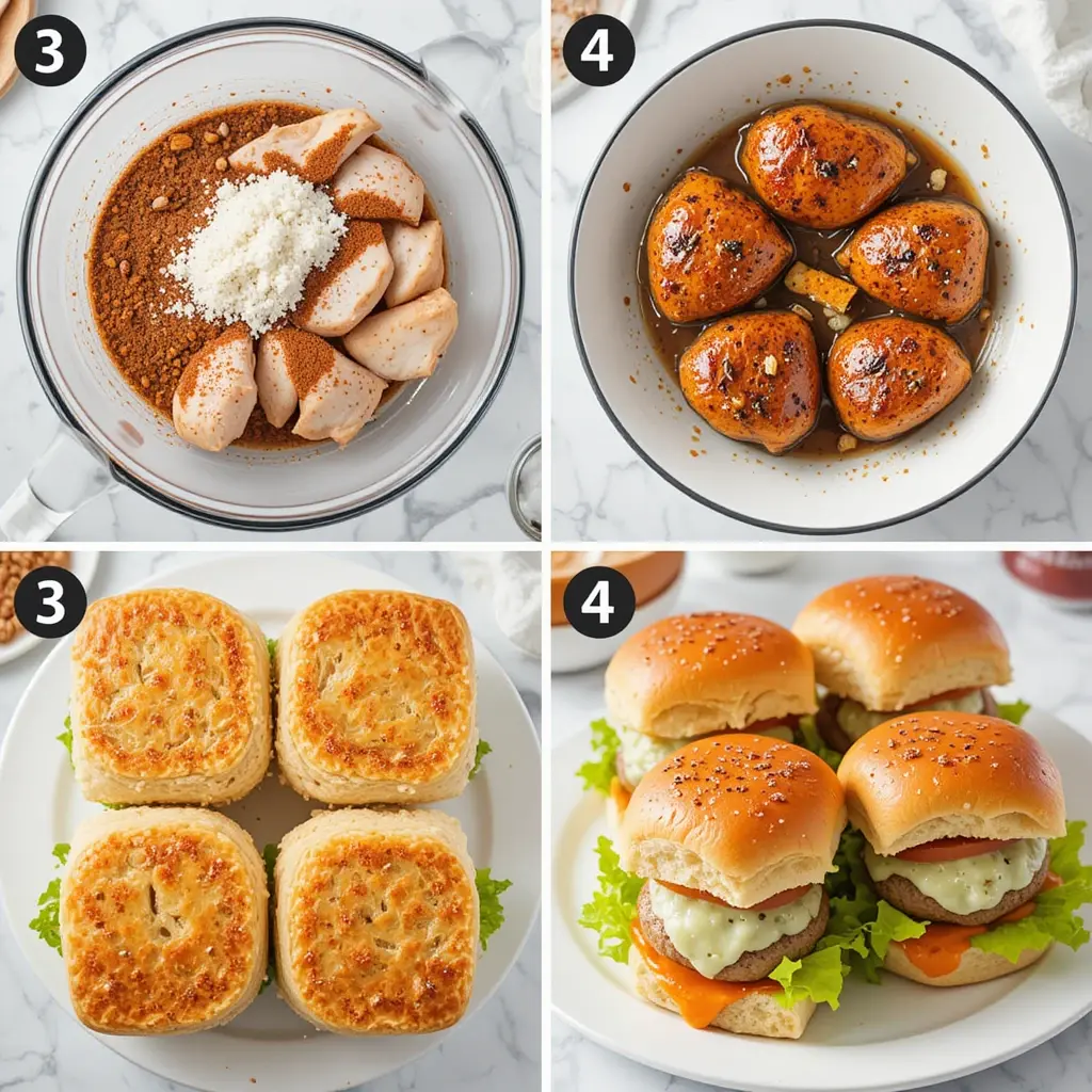 Step-by-step images of cooking and assembling Cajun chicken sliders

