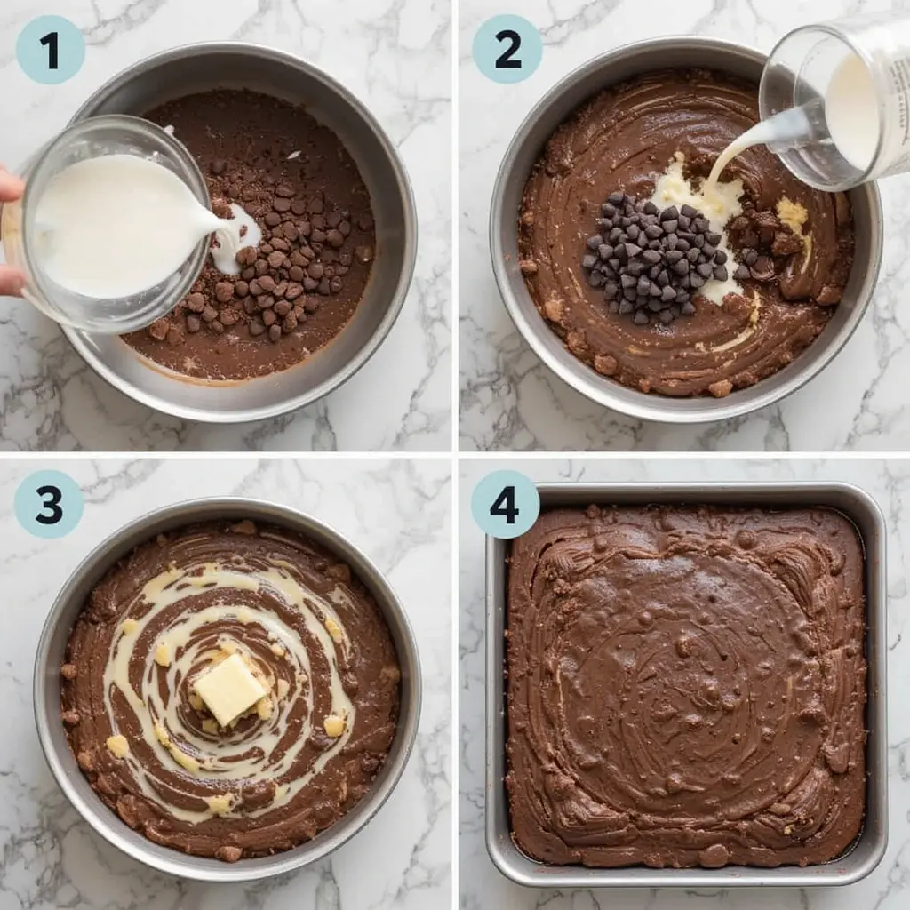 A collage showing step-by-step process of making chocolate dump cake from adding ingredients to the baked result.  