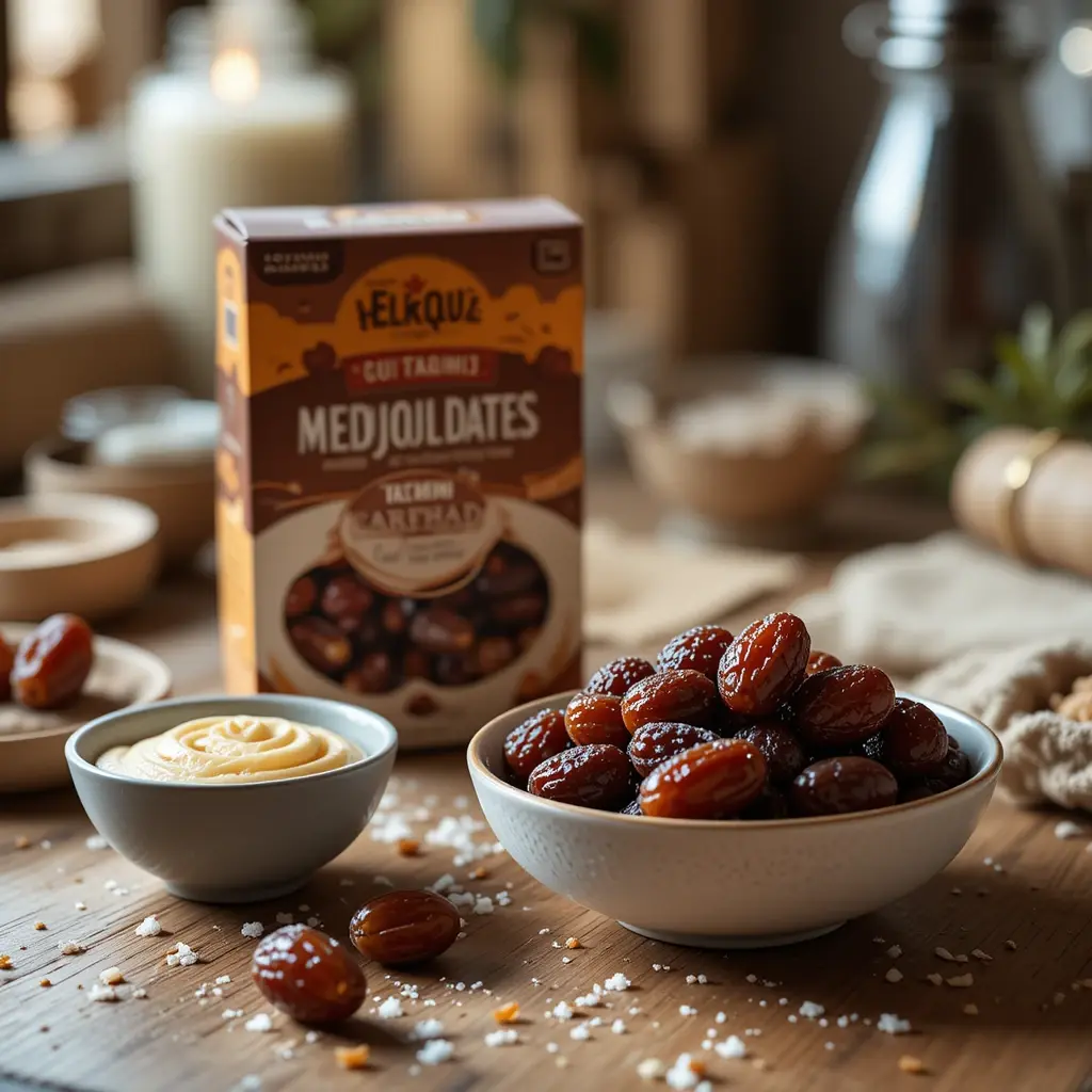 Bowl of tahini and a box of Medjool dates placed on a wooden kitchen counter with salt flakes.  