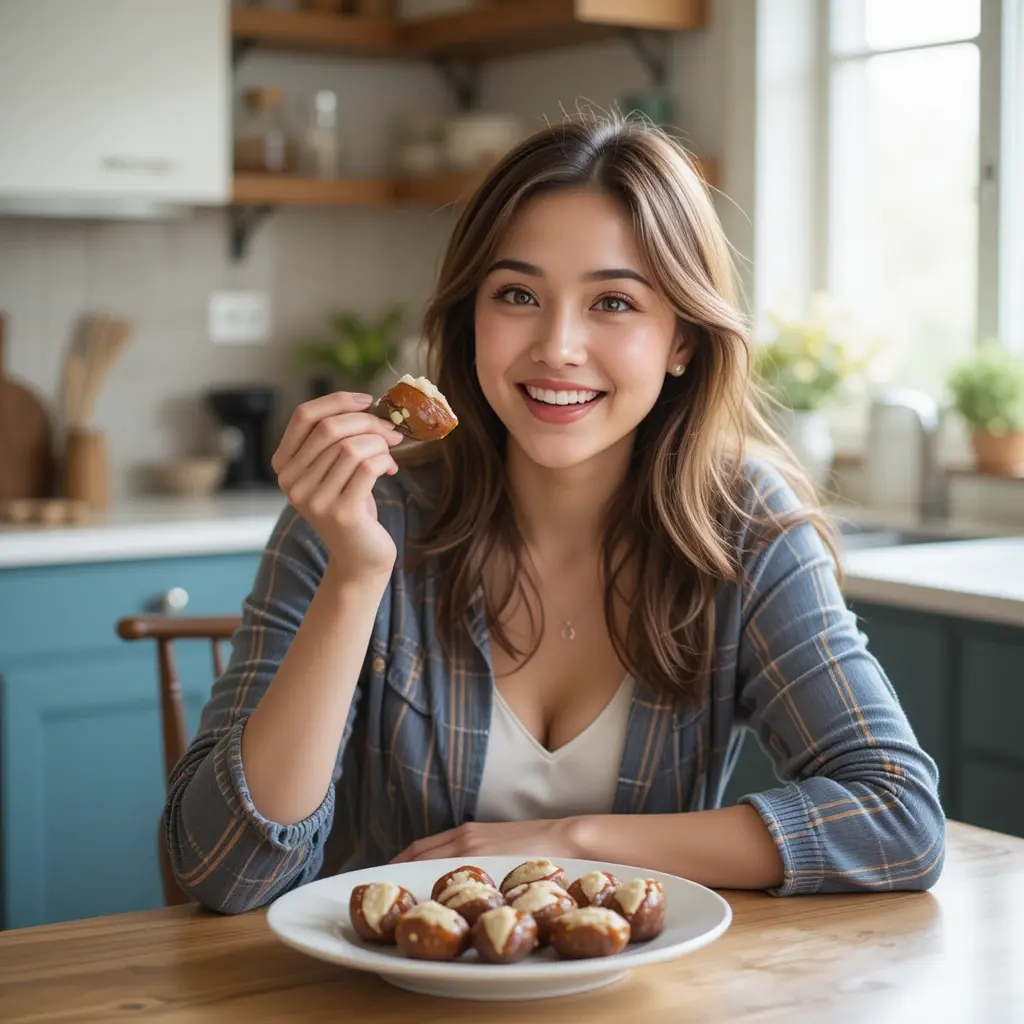 Smiling person tasting a Salted Tahini-Stuffed Date in a cozy kitchen with natural light.  