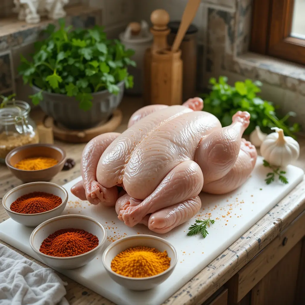 "Spices and ingredients laid out for cooking a Mediterranean roast chicken dish" 