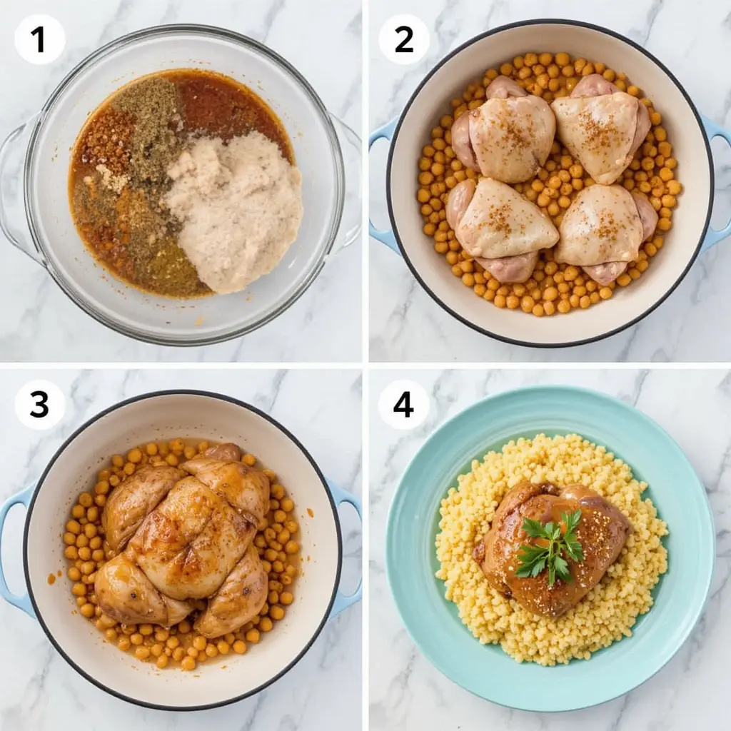 "Four-step cooking process of preparing spiced roast chicken with chickpeas and couscous"

