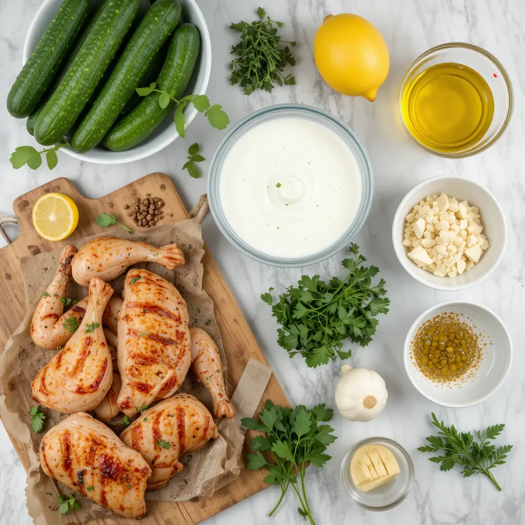 A flat lay of fresh Mediterranean ingredients used in Chicken Tzatziki Bowls 