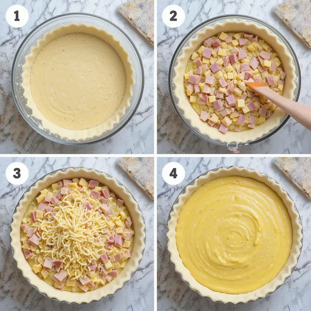 Step-by-step visuals of making ham and cheese quiche from crust to baking.