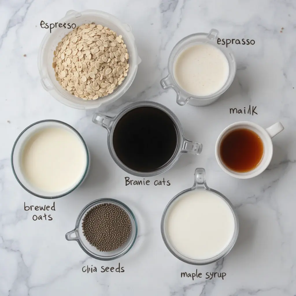 Ingredients for espresso overnight oats displayed neatly with labels on a marble surface. 