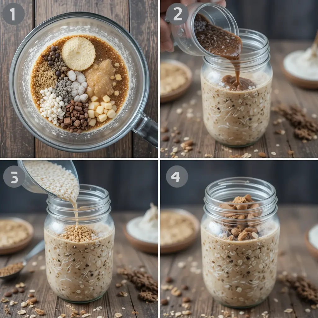 Collage showing how to prepare espresso overnight oats from mixing to serving.


